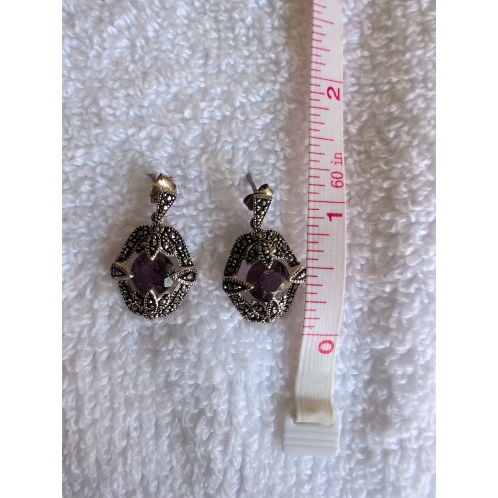 AMETHYST AND MARCASITE STERLING SILVER DANGLING EARRINGS‎